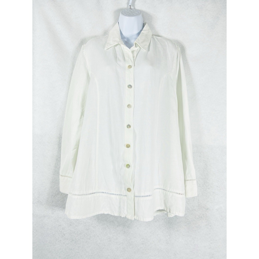 Soft Surroundings Top Women's XL White Tunic Button Up Embroidered Linen Blend